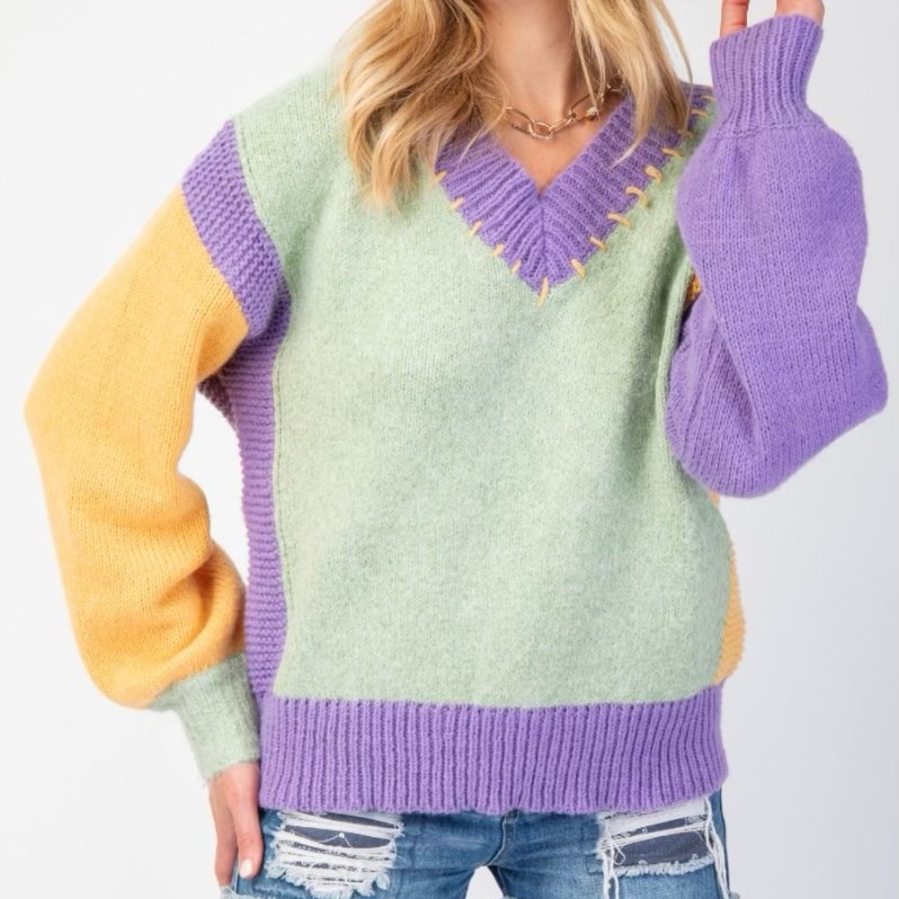 Easel V-Neck Sweater in Mint, Lavender, and Mustard